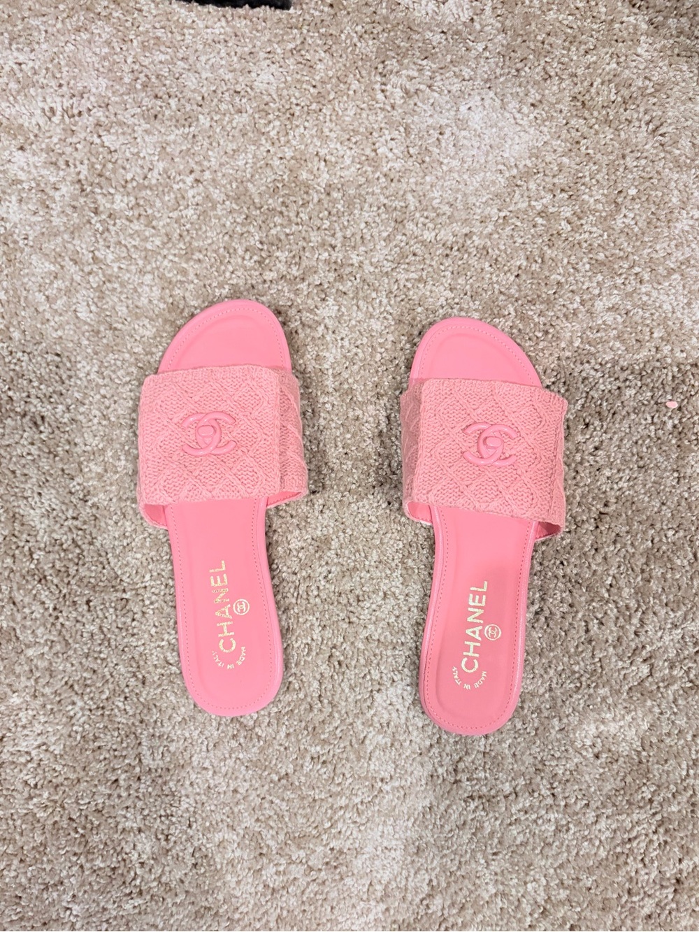 CHANEL Coral Pink Quilted Slide Sandals - Size 38